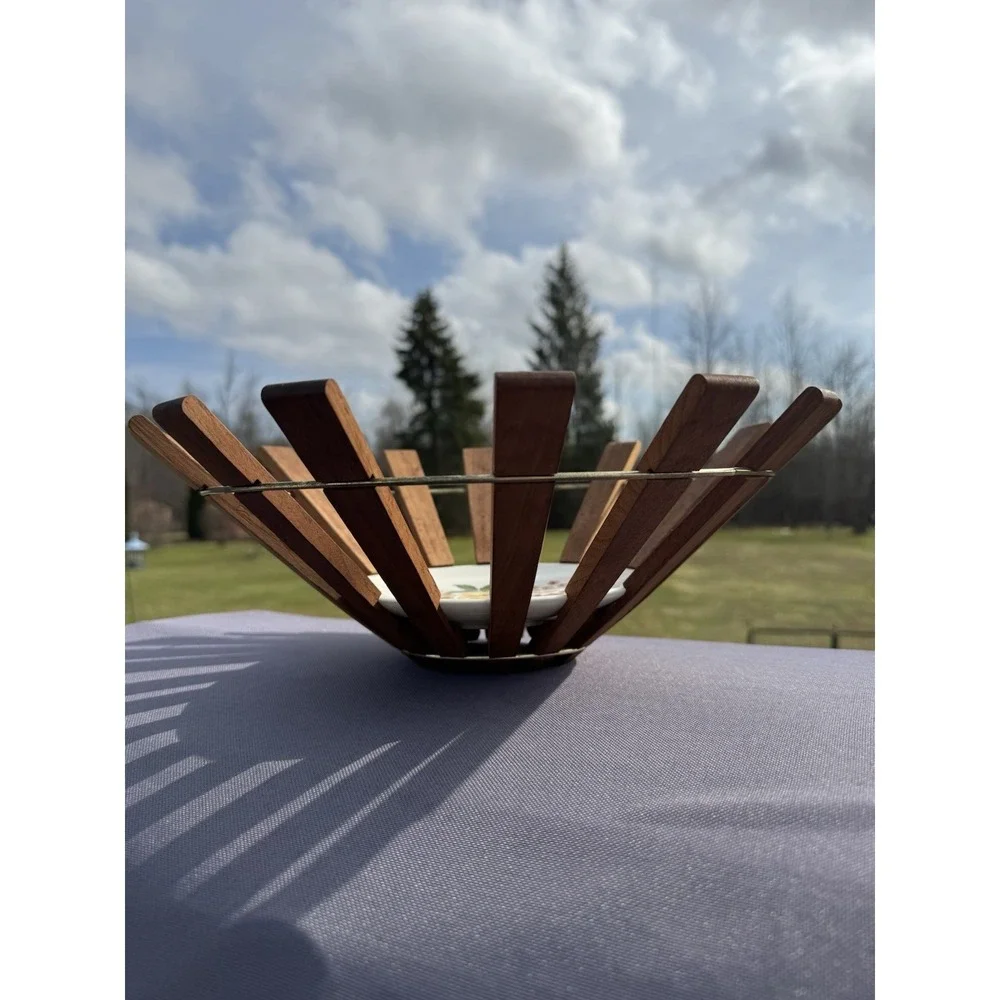 Vintage  MCM Slatted Teak Wood Fruit Bowl w/ Hand-Painted Porcelain Base Basket